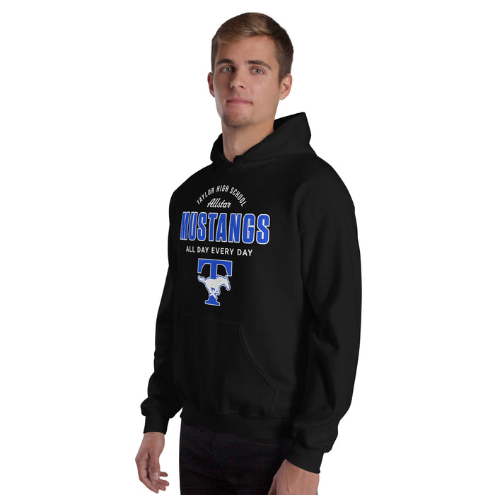 Man wearing Taylor High School Mustangs Black Classic Unisex Hoodie 040
