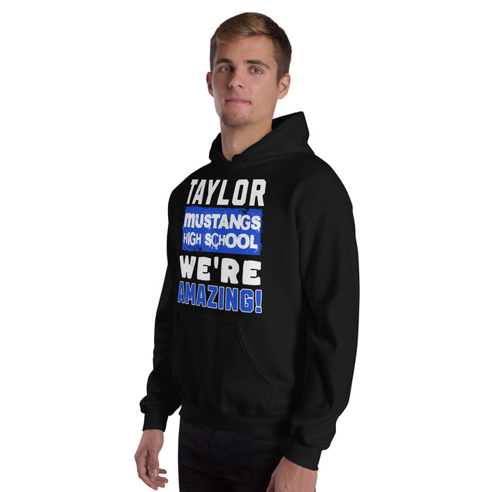 Man wearing Taylor High School Mustangs Black Classic Unisex Hoodie 231