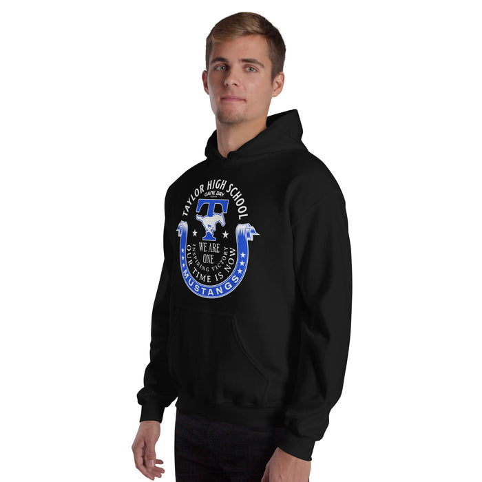 Man wearing Taylor High School Mustangs Black Classic Unisex Hoodie 229