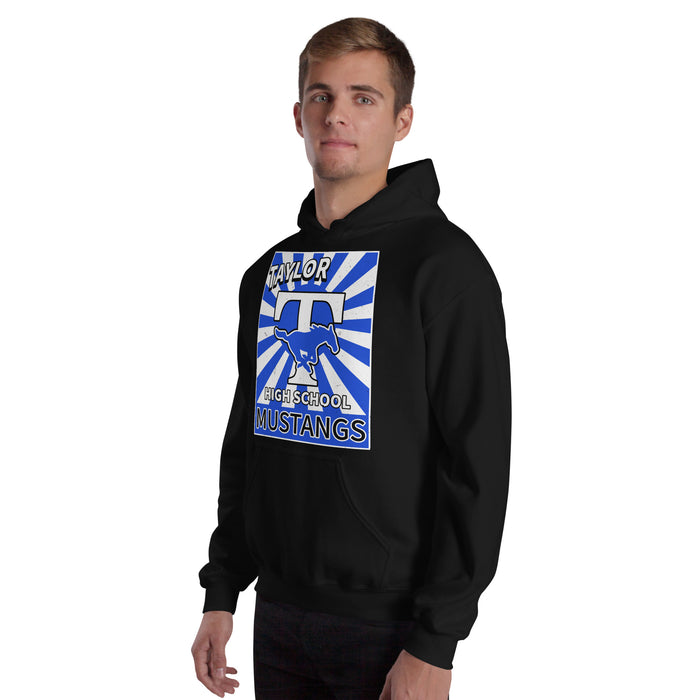 Man wearing Taylor High School Mustangs Black Classic Unisex Hoodie 226