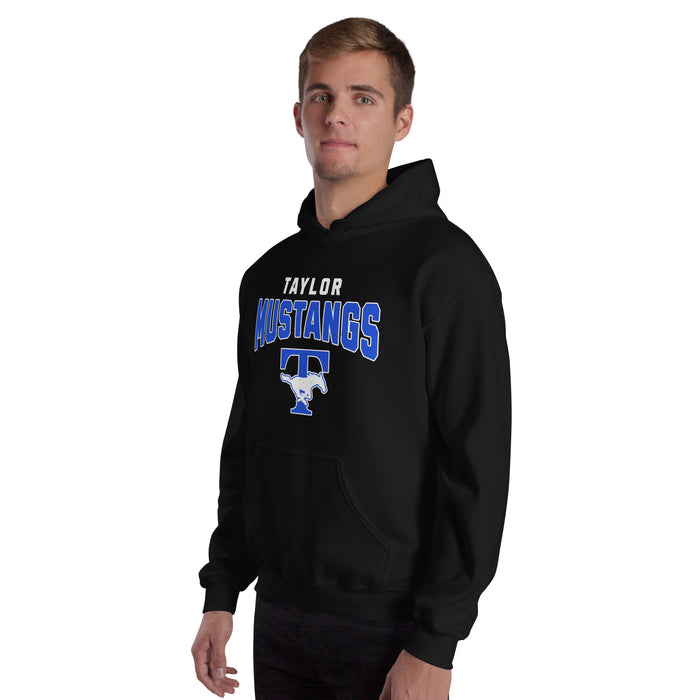 Man wearing Taylor High School Mustangs Black Classic Unisex Hoodie 234