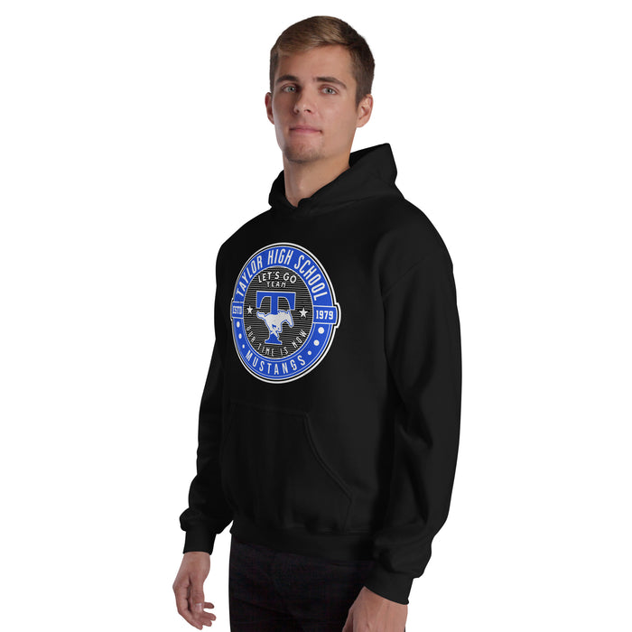 Man wearing Taylor High School Mustangs Black Classic Unisex Hoodie 224