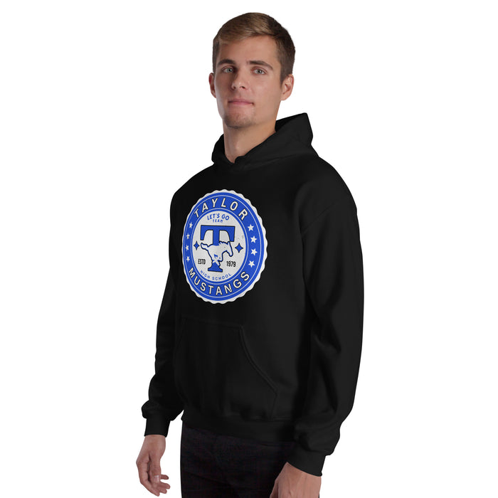 Man wearing Taylor High School Mustangs Black Classic Unisex Hoodie 216