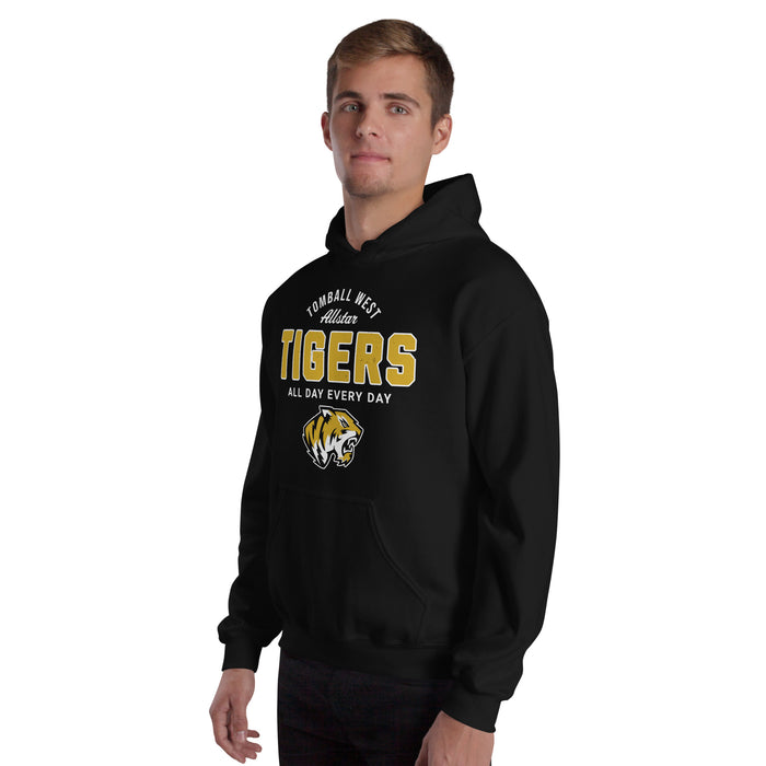 Man wearing Tomball West High School Tigers Black Classic Unisex Hoodie 040