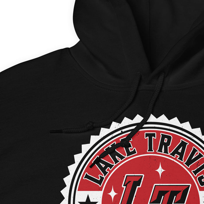 Close-up view of a black hoodie showing hood and drawcords for Lake Travis High School. Design #203