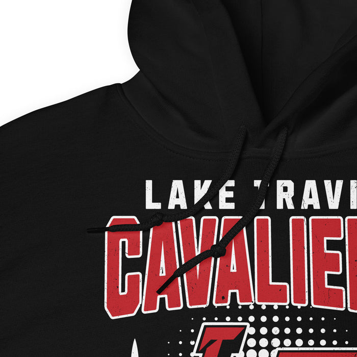 Close-up view of a black hoodie showing hood and drawcords for Lake Travis High School. Design #204