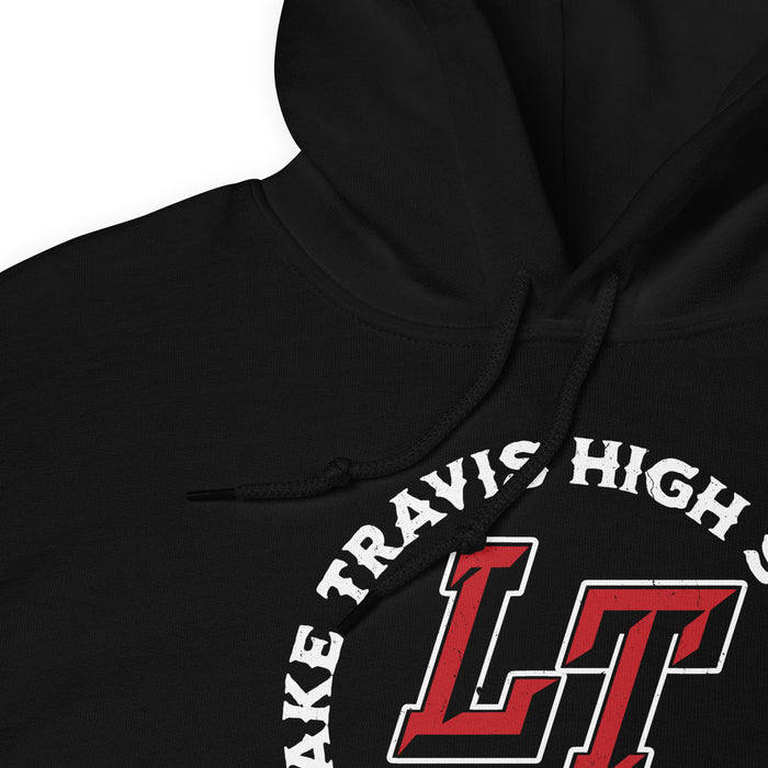 Close-up view of a black hoodie showing hood and drawcords for Lake Travis High School. Design #206