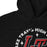 Close-up view of a black hoodie showing hood and drawcords for Lake Travis High School. Design #208