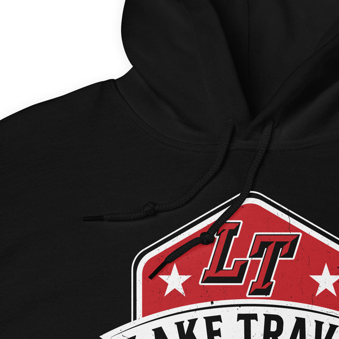 Close-up view of a black hoodie showing hood and drawcords for Lake Travis High School. Design #209