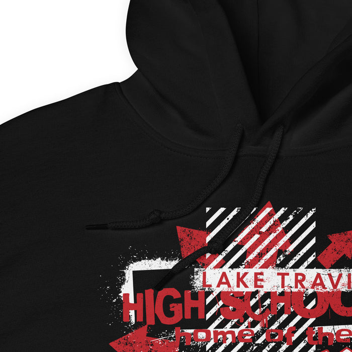 Close-up view of a black hoodie showing hood and drawcords for Lake Travis High School. Design #210