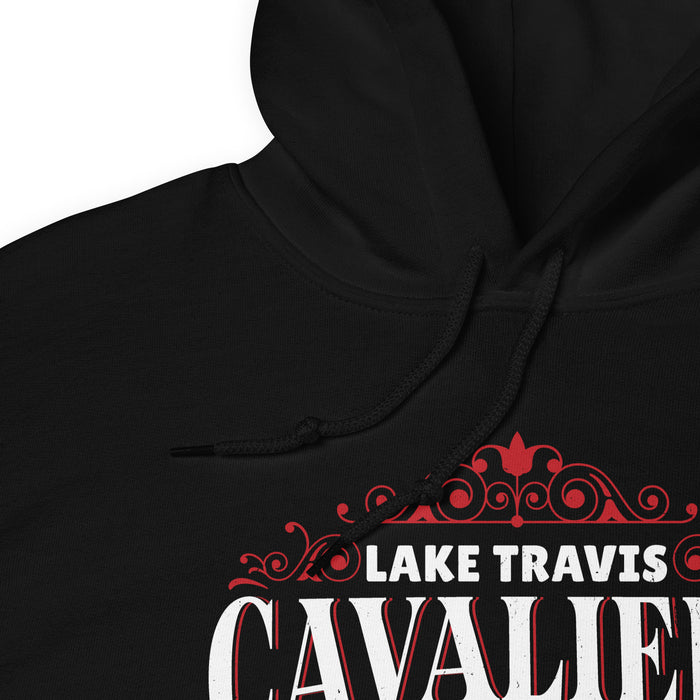 Close-up view of a black hoodie showing hood and drawcords for Lake Travis High School. Design #211