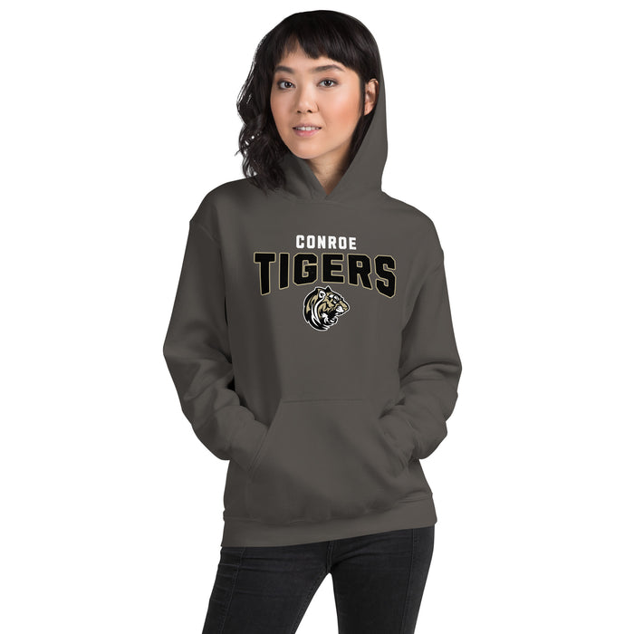 Woman wearing Conroe High School Tigers Charcoal Classic Unisex Hoodie 210