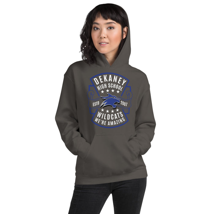Woman wearing Dekaney High School Wildcats Charcoal Grey Classic Unisex Hoodie 207