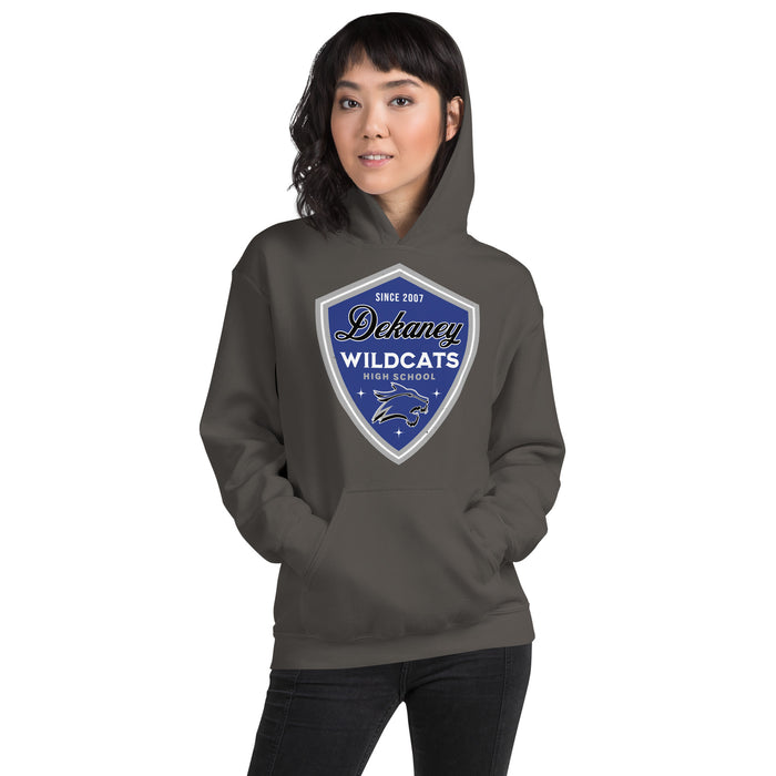 Woman wearing Dekaney High School Wildcats Charcoal Grey Classic Unisex Hoodie 225