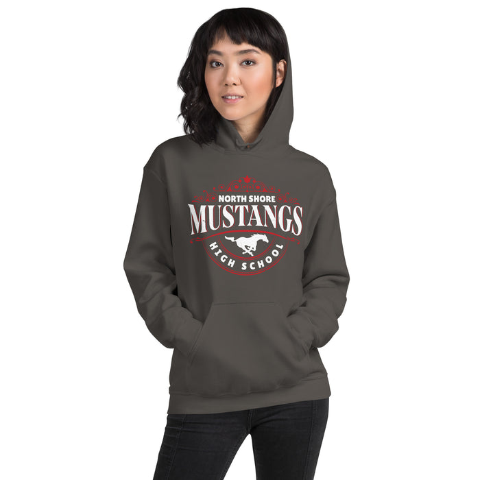 Woman wearing North Shore High School Mustangs Dark Grey Classic Unisex Hoodie 211