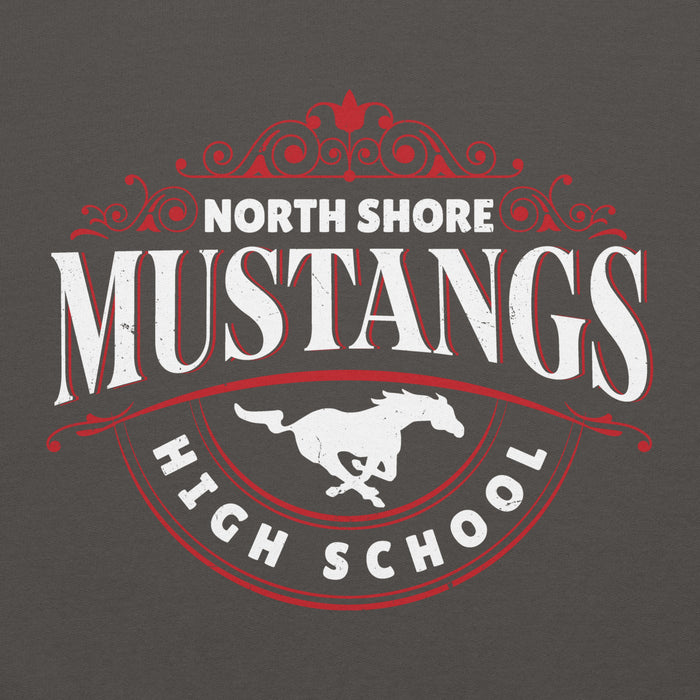 Close-up view of North Shore High School Mustangs Dark Grey Classic Unisex Hoodie 211