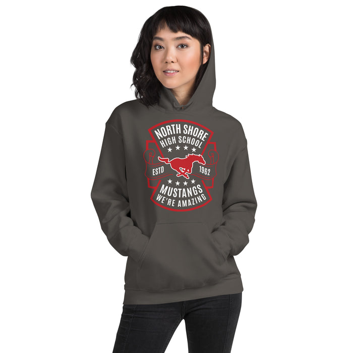 Woman wearing North Shore High School Mustangs Dark Grey Classic Unisex Hoodie 207