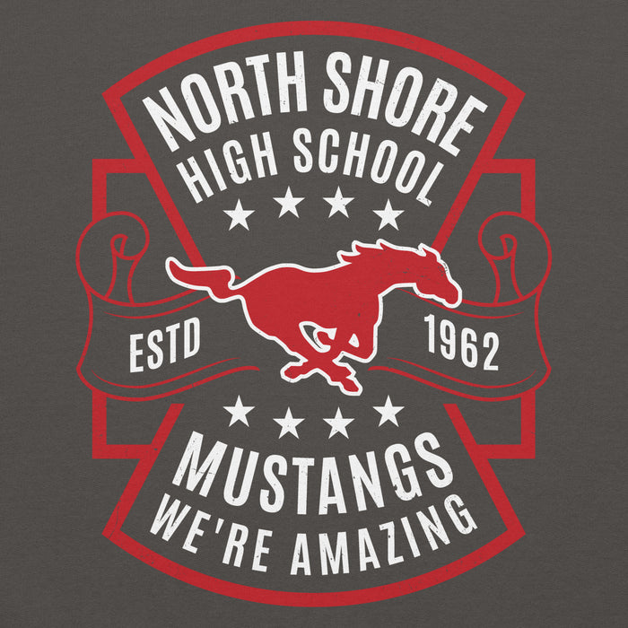 Close-up view of North Shore High School Mustangs Dark Grey Classic Unisex Hoodie 207