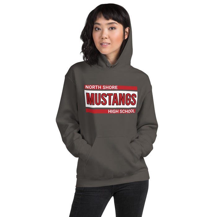 Woman wearing North Shore High School Mustangs Dark Grey Classic Unisex Hoodie 098