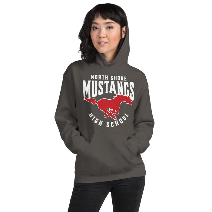 Woman wearing North Shore High School Mustangs Dark Grey Classic Unisex Hoodie 213