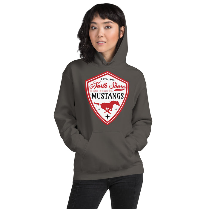 Woman wearing North Shore High School Mustangs Dark Grey Classic Unisex Hoodie 225