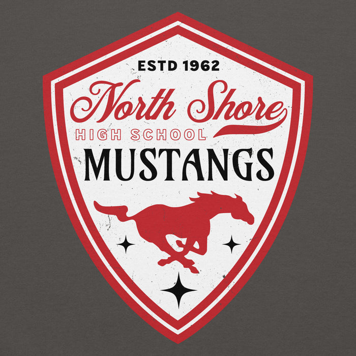 Close-up view of North Shore High School Mustangs Dark Grey Classic Unisex Hoodie 225