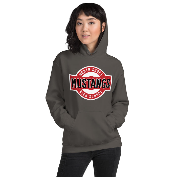 Woman wearing North Shore High School Mustangs Dark Grey Classic Unisex Hoodie 011