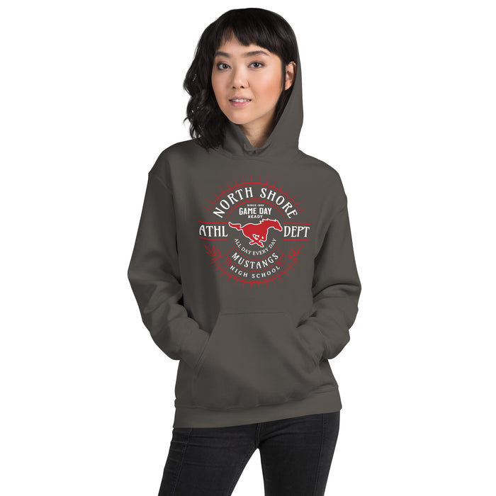 Woman wearing North Shore High School Mustangs Dark Grey Classic Unisex Hoodie 201