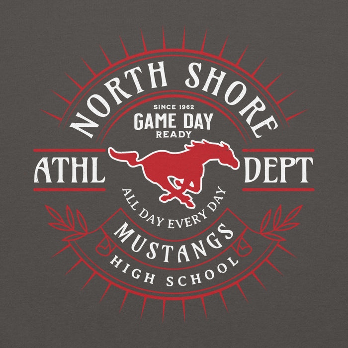 Close-up view of North Shore High School Mustangs Dark Grey Classic Unisex Hoodie 201