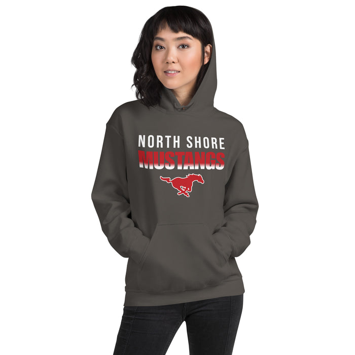 Woman wearing North Shore High School Mustangs Dark Grey Classic Unisex Hoodie 024