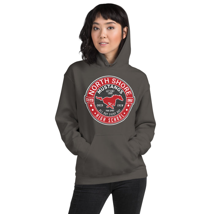 Woman wearing North Shore High School Mustangs Dark Grey Classic Unisex Hoodie 224