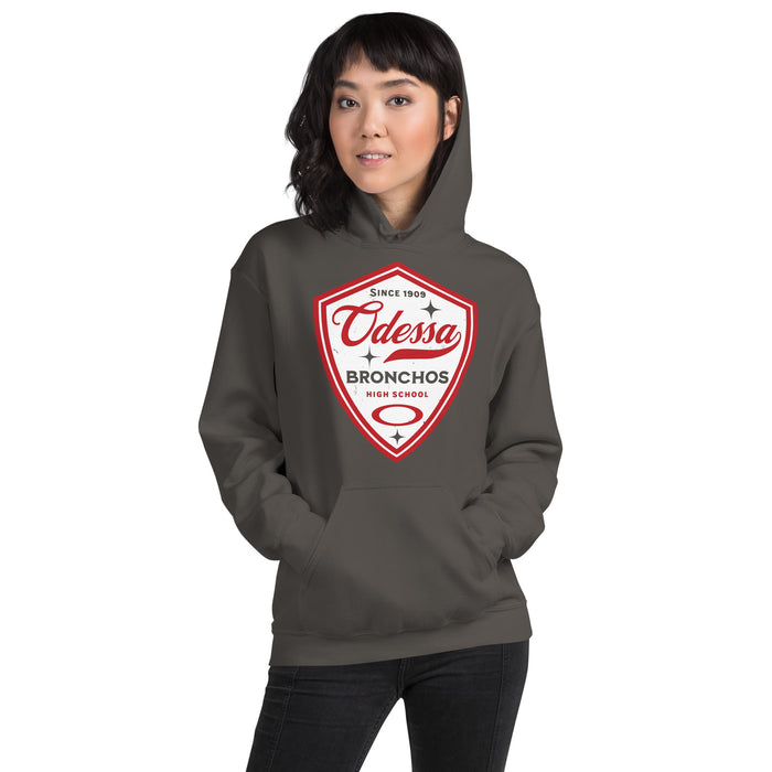 Woman wearing Odessa High School Bronchos Dark Grey Classic Unisex Hoodie 225