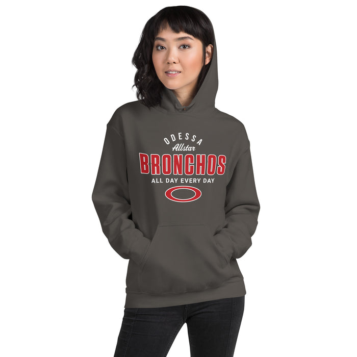 Woman wearing Odessa High School Bronchos Dark Grey Classic Unisex Hoodie 040