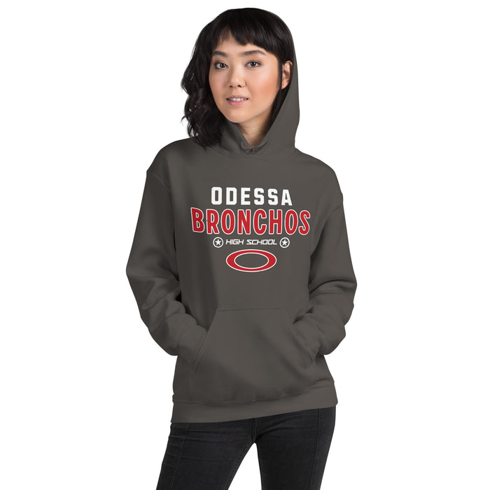Woman wearing Odessa High School Bronchos Dark Grey Classic Unisex Hoodie 003