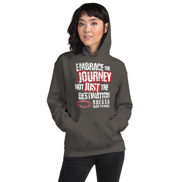 Woman wearing Odessa High School Bronchos Dark Grey Classic Unisex Hoodie 232