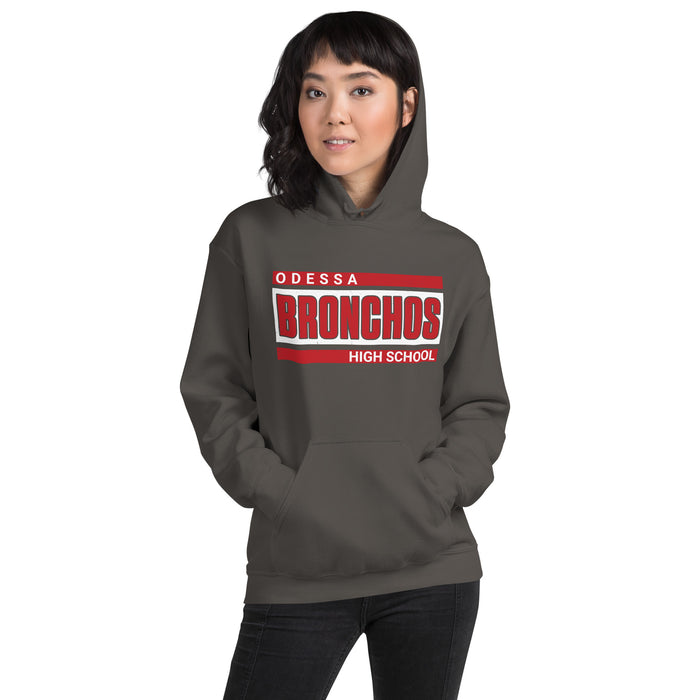 Woman wearing Odessa High School Bronchos Dark Grey Classic Unisex Hoodie 098