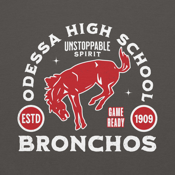 Close-up view of Odessa High School Bronchos Dark Grey Classic Unisex Hoodie 208