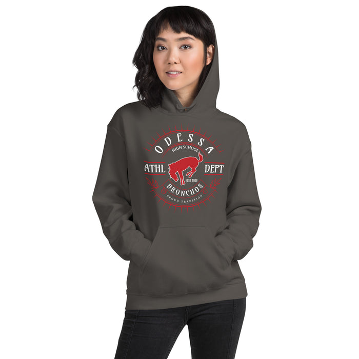 Woman wearing Odessa High School Bronchos Dark Grey Classic Unisex Hoodie 201