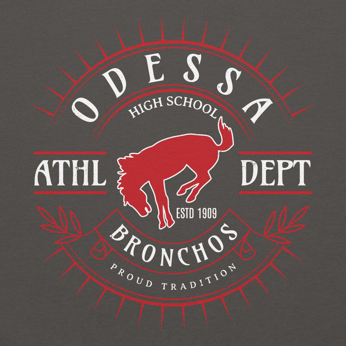 Close-up view of Odessa High School Bronchos Dark Grey Classic Unisex Hoodie 201