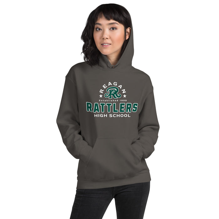 Woman wearing Reagan High School Rattlers Dark Grey Classic Unisex Hoodie 222