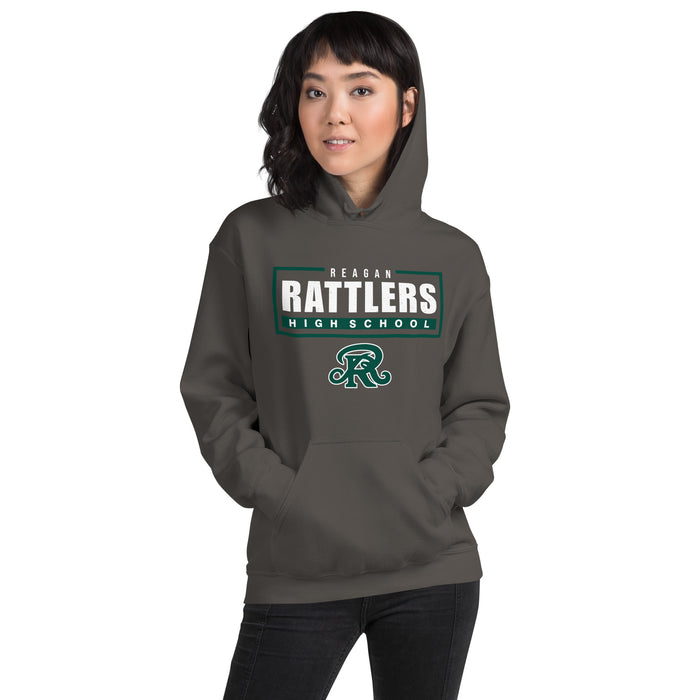 Woman wearing Reagan High School Rattlers Dark Grey Classic Unisex Hoodie 049