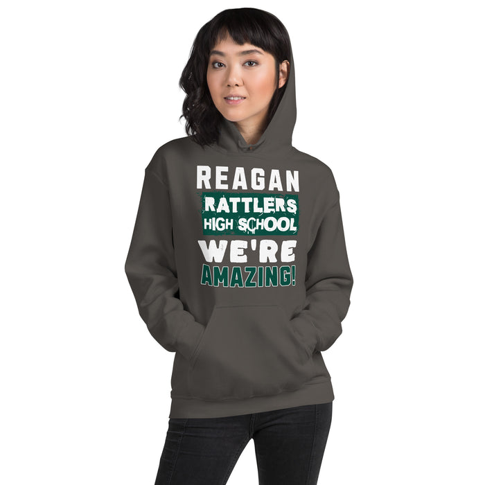 Woman wearing Reagan High School Rattlers Dark Grey Classic Unisex Hoodie 231