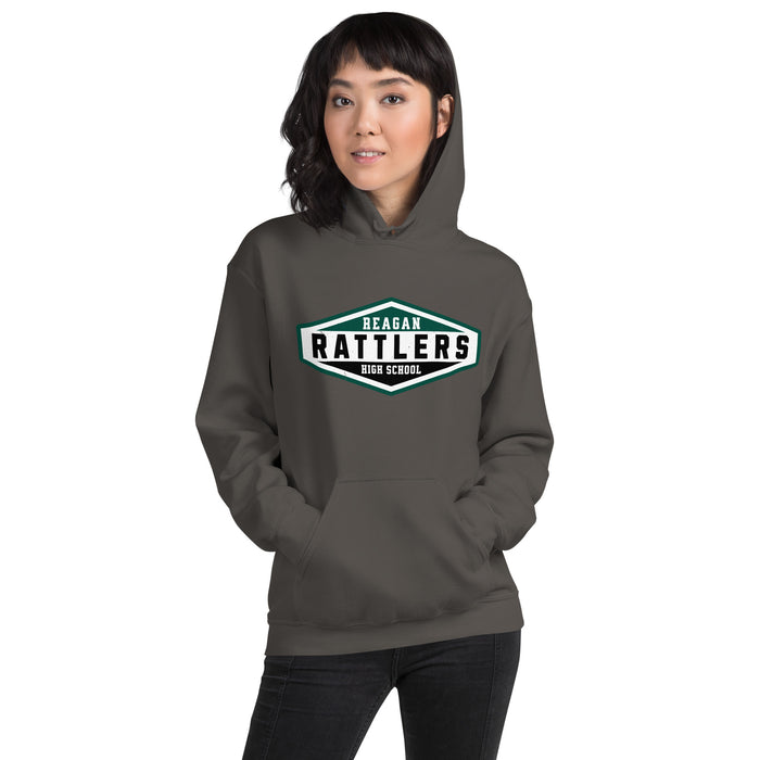 Woman wearing Reagan High School Rattlers Dark Grey Classic Unisex Hoodie 009