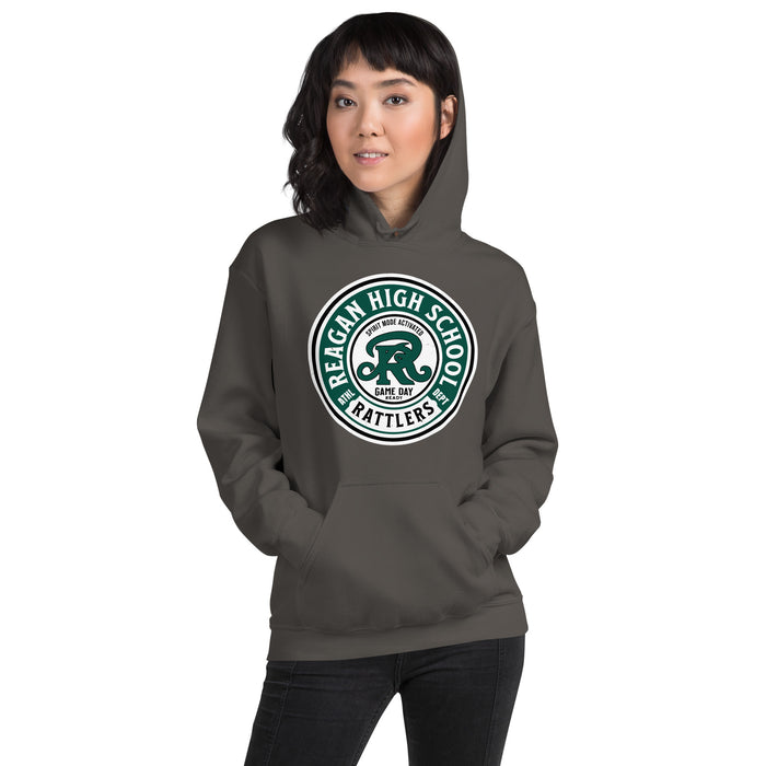 Woman wearing Reagan High School Rattlers Dark Grey Classic Unisex Hoodie 220