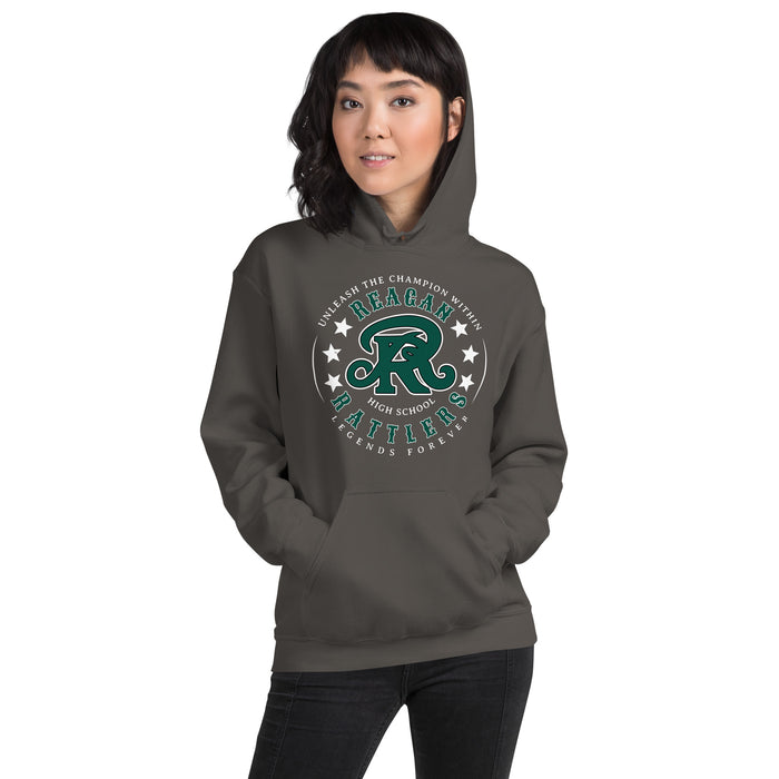Woman wearing Reagan High School Rattlers Dark Grey Classic Unisex Hoodie 214