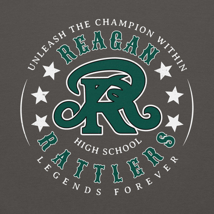 Close-up view of Reagan High School Rattlers Dark Grey Classic Unisex Hoodie 214