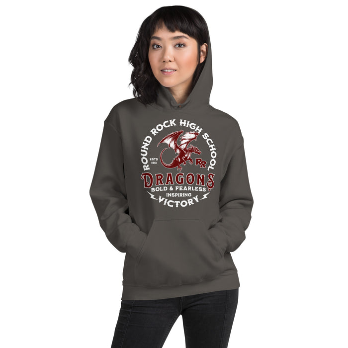 Woman wearing Round Rock High School Dragons Dark Grey Classic Unisex Hoodie 206