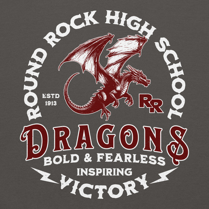 Close-up view of Round Rock High School Dragons Dark Grey Classic Unisex Hoodie 206