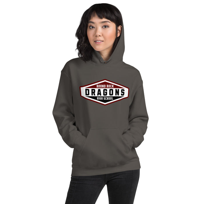 Woman wearing Round Rock High School Dragons Dark Grey Classic Unisex Hoodie 009