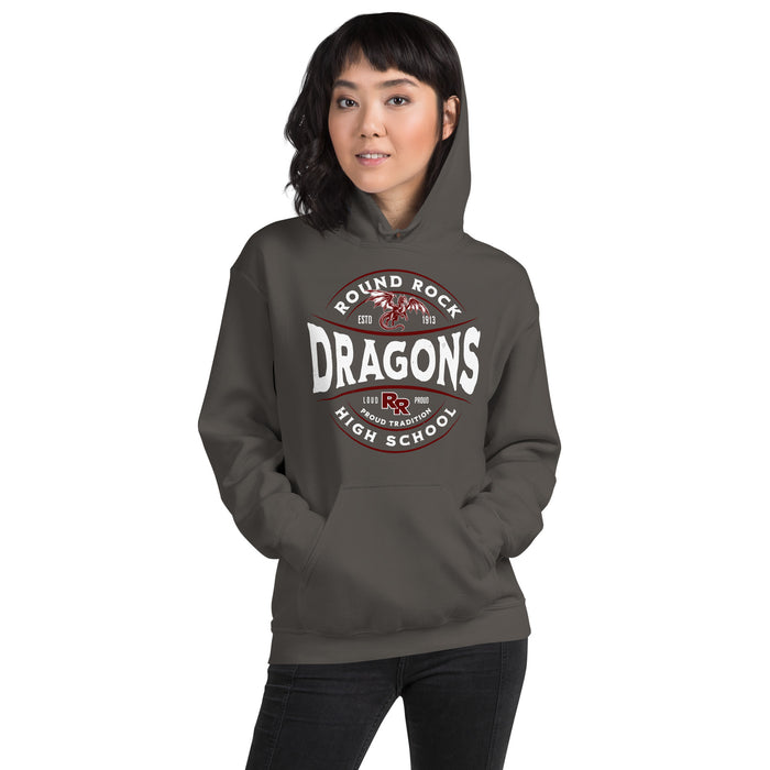 Woman wearing Round Rock High School Dragons Dark Grey Classic Unisex Hoodie 218